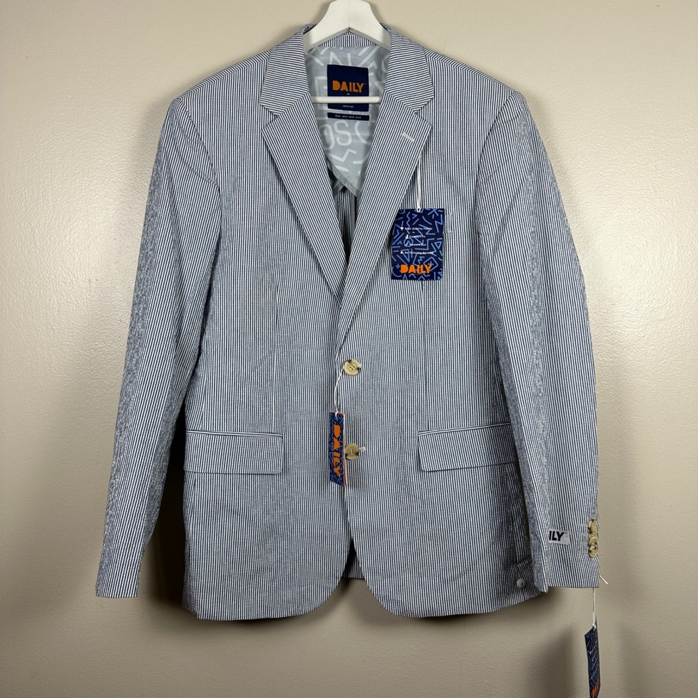 Daily by OppoSuits Men's 42 Blazer Blue White Striped Seersucker Modern Fit‎ NWT